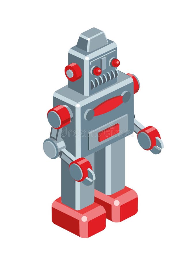 Iron retro robot, vintage toy. Metal, red metal. Vector isometric illustration isolated on white background