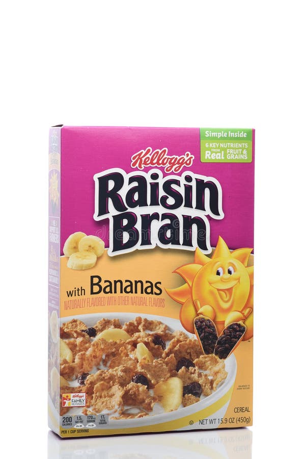 IRVINE, CALIFORNIA - 8 APRIL 2020: A box of Kellogg’s Raisin Bran with Bananas cereal royalty free stock image IRVINE, CALIFORNIA - 8 APRIL 2020: A box of Kellogg’s Raisin Bran with Bananas cereal royalty free stock image