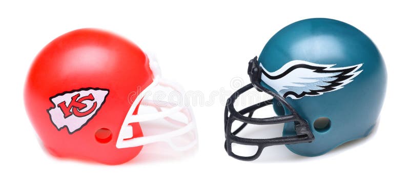 IRVINE, CALIFORNIA - 30 Jan 2023: Football helmets of the Kansas City Chiefs vs Philadelphia Eagles, opponents in Superbowl LVII. IRVINE, CALIFORNIA - 30 Jan 2023: Football helmets of the Kansas City Chiefs vs Philadelphia Eagles, opponents in Superbowl LVII.