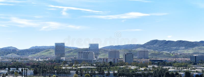 IRVINE, CALIFORNIA - 31 JAN 2020: Panoramic Aerial shot of  Irvine. Viewed from the Great Park Balloon