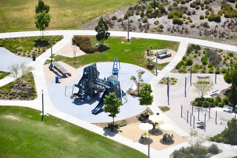 IRVINE, CALIFORNIA - 2 JUN 2022: Aerial View of a Playground in the