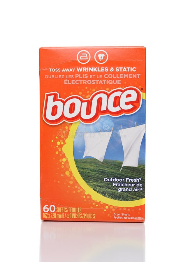 IRVINE, CALIFORNIA - 25 OCT 2019: A 60 count box of Bounce Dryer Sheets, from Proctor and Gamble. IRVINE, CALIFORNIA - 25 OCT 2019: A 60 count box of Bounce Dryer Sheets, from Proctor and Gamble
