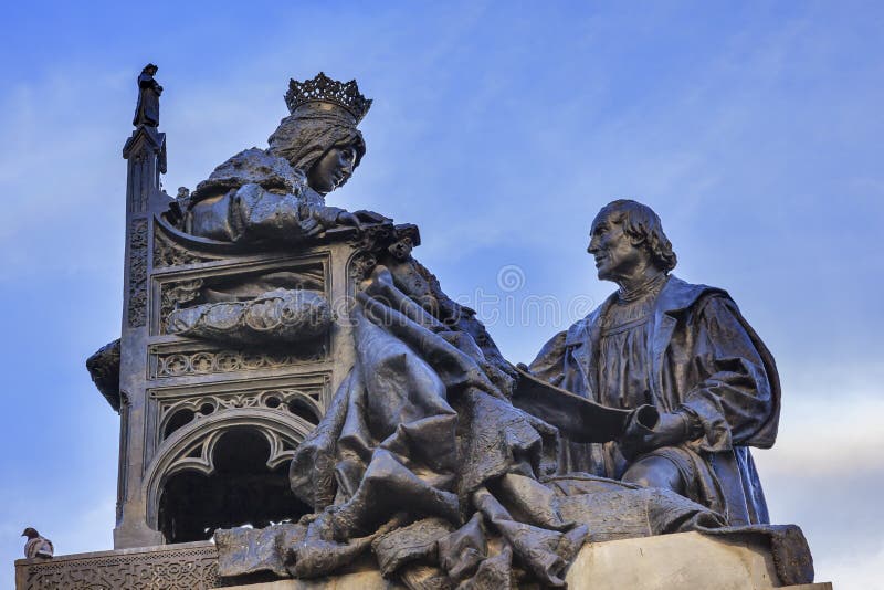 Isabella 1492 com Columbus Statue Built a Andaluzia 1892 Granada fotografia de stock Isabella 1492 com Columbus Statue Built a Andaluzia 1892 Granada fotografia de stock