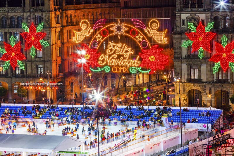 Isbana för skridskoåkning för Mexico - stadsMexico Zocalo julnatt arkivbild Isbana för skridskoåkning för Mexico - stadsMexico Zocalo julnatt arkivbild