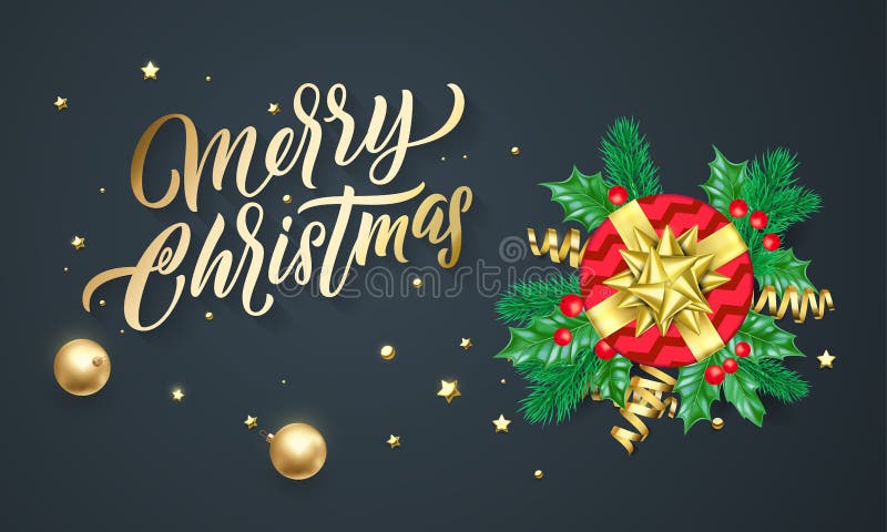 Iscrizione di calligrafia di Buon Natale, regali di natale, stelle d'oro e coriandoli Cartolina d'auguri di vettore di festa di N illustrazione vettoriale Iscrizione di calligrafia di Buon Natale, regali di natale, stelle d'oro e coriandoli Cartolina d'auguri di vettore di festa di N illustrazione vettoriale