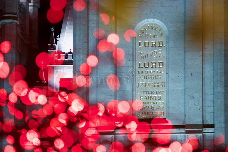 Iscrizione sul tempio mormonico di LDS a tempo di Natale a Salt Lake City fotografia stock Iscrizione sul tempio mormonico di LDS a tempo di Natale a Salt Lake City fotografia stock