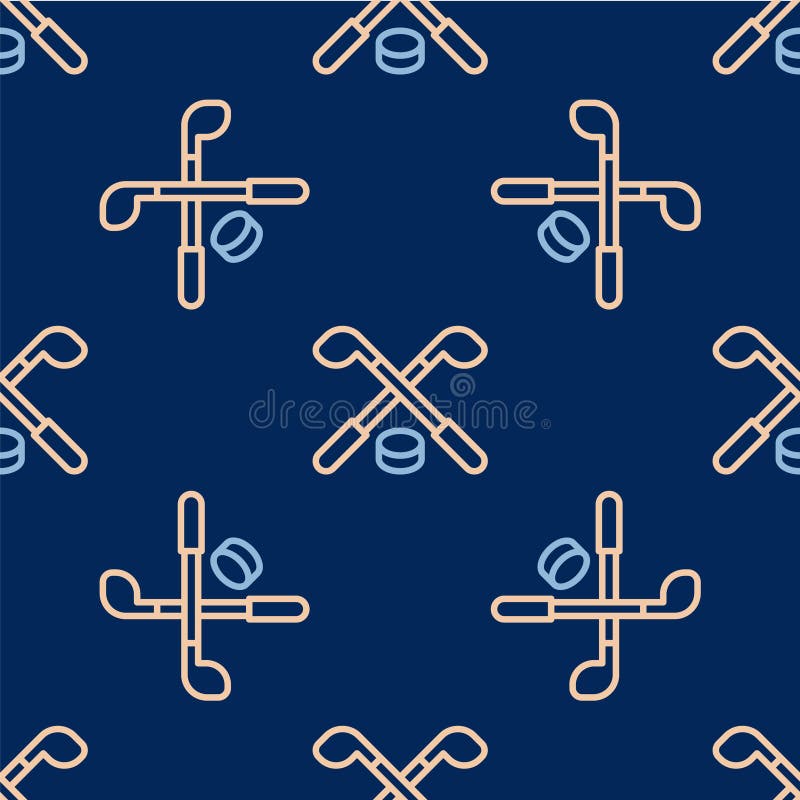 Line Ice hockey sticks and puck icon isolated seamless pattern on blue background. Game start. Vector. Line Ice hockey sticks and puck icon isolated seamless pattern on blue background. Game start. Vector.