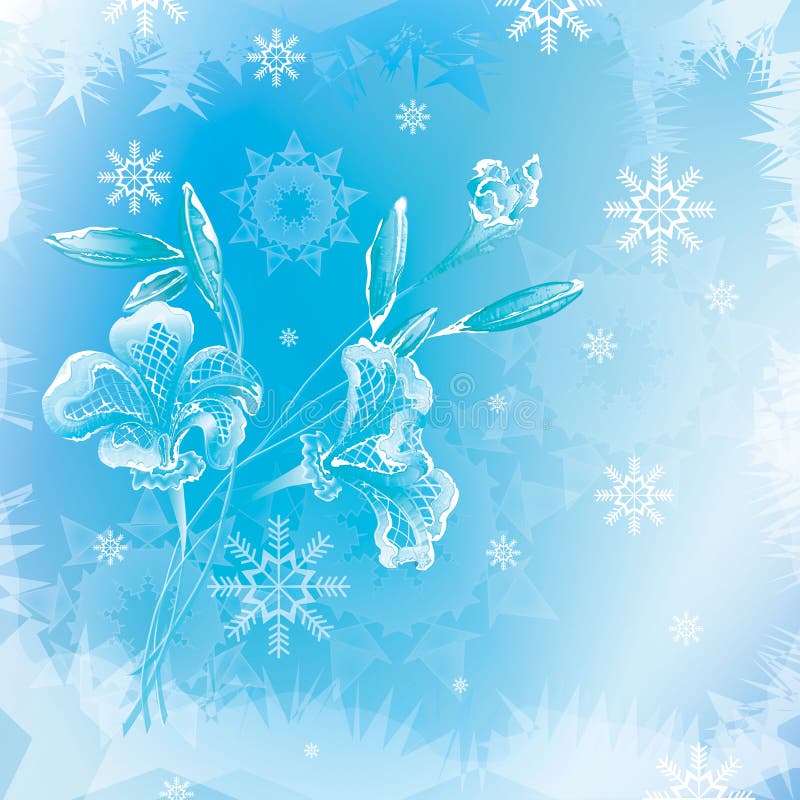 Iskall lilja tre med knoppar på en blå bakgrund med snöflingor och den frostiga modellen stock illustrationer Iskall lilja tre med knoppar på en blå bakgrund med snöflingor och den frostiga modellen stock illustrationer