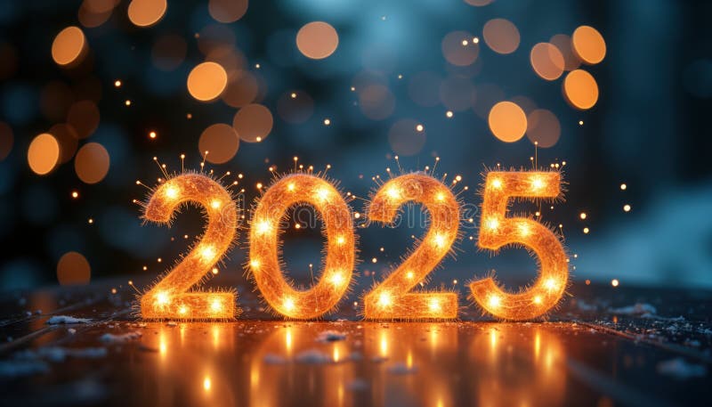 Iskry z 2025 r.. świąteczne cyfry nowego roku świecą jasno. koncepcja świętowania. szczęśliwy nowy rok 2025. jasna karta świąteczn ilustracji