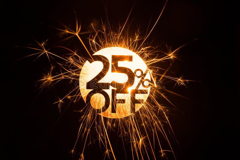 Circular 25 percent off sign in sparkling glowing design on dark background. Circular 25 percent off sign in sparkling glowing design on dark background.