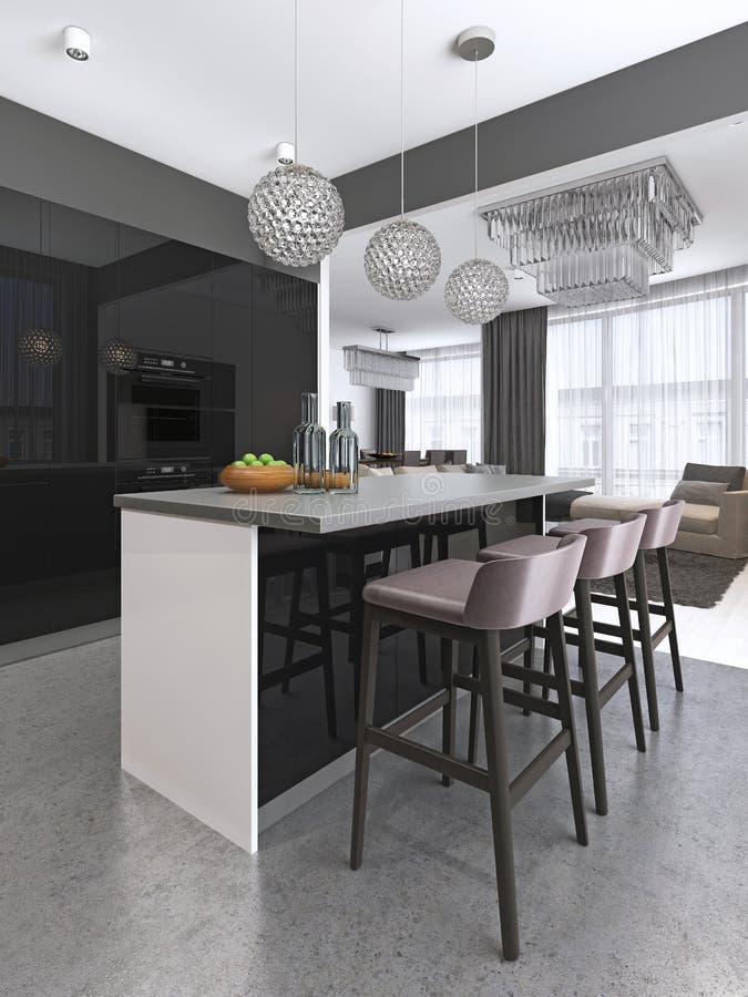 Isla de cocina con tres taburetes de bar y lámparas de cristal redondas en cocina blanco y negro contemporánea ilustración del vector Isla de cocina con tres taburetes de bar y lámparas de cristal redondas en cocina blanco y negro contemporánea ilustración del vector