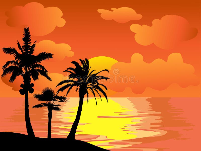 Isla de las palmeras en la puesta del sol