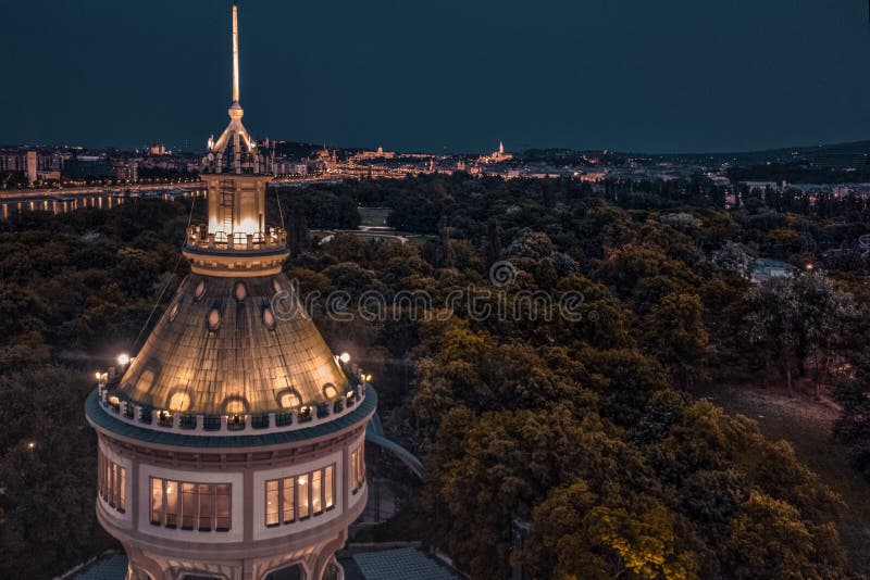 Hungary - Budapest - Margaret Island at night from drone view. Hungary - Budapest - Margaret Island at night from drone view