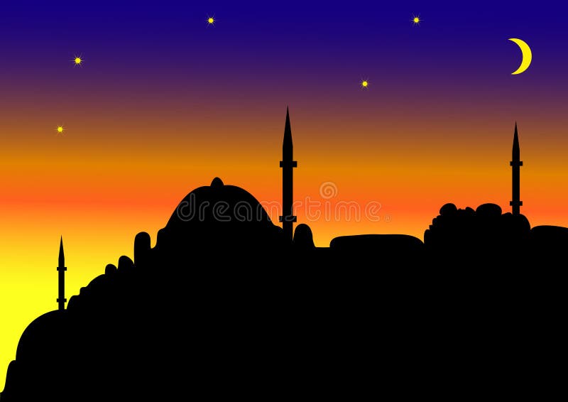 Islamic city by night with mosques