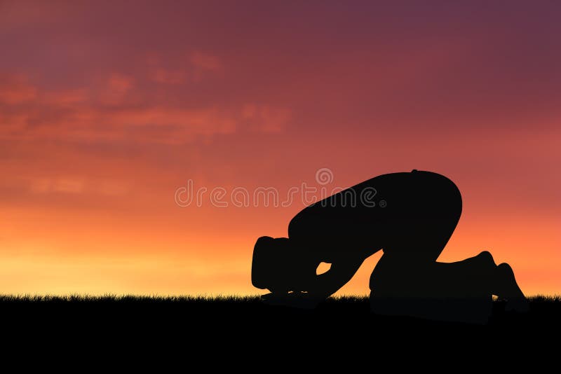 Man praying to allah god of Islam on sunset.