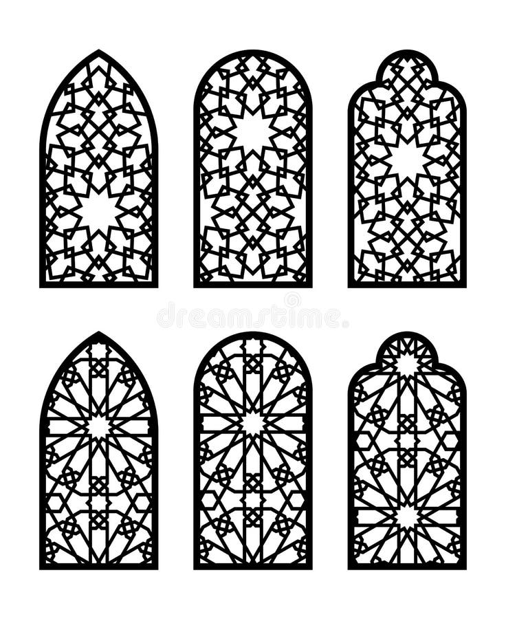 Islamic arch window or door set. Cnc pattern, laser cutting, vector template set for wall decor, hanging, stencil stock illustration
