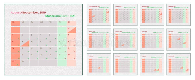 Islamic and Gregorian Monthly Calendar. Hijri 1441 Starts Muharram and