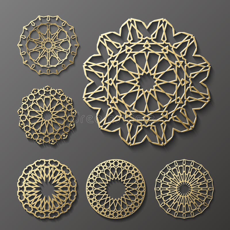 Islamitische ornament vector, Perzische motiff 3d ramadan ronde patroonelementen De geometrische reeks van het embleemmalplaatje stock illustratie Islamitische ornament vector, Perzische motiff 3d ramadan ronde patroonelementen De geometrische reeks van het embleemmalplaatje stock illustratie