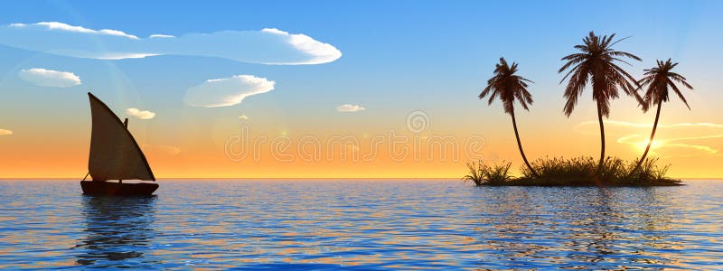 Sunset coconut palm trees on island and small boat - 3d illustration. Sunset coconut palm trees on island and small boat - 3d illustration.