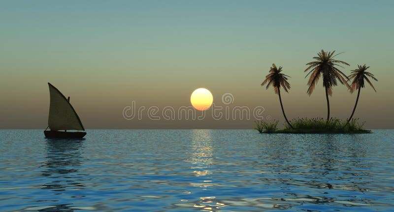 Sunset coconut palm trees on island and small boat - 3d illustration. Sunset coconut palm trees on island and small boat - 3d illustration.