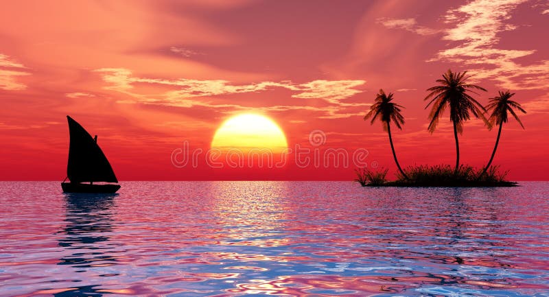 Sunset coconut palm trees on island and small boat - 3d illustration. Sunset coconut palm trees on island and small boat - 3d illustration.