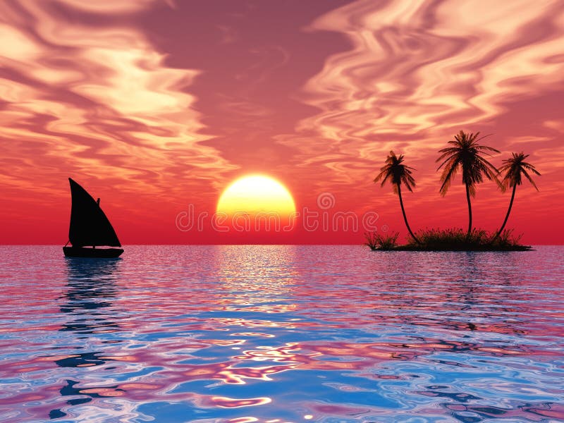 Sunset coconut palm trees on island and small boat. Sunset coconut palm trees on island and small boat.