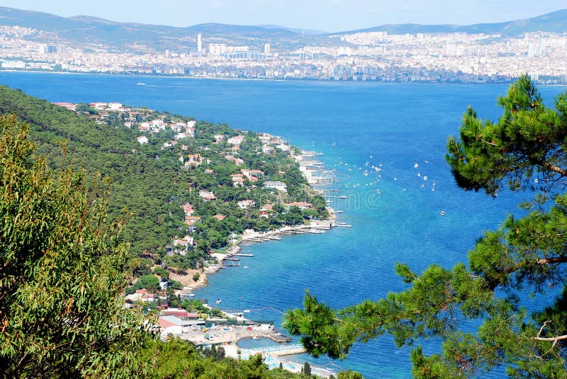 Island coastline and city