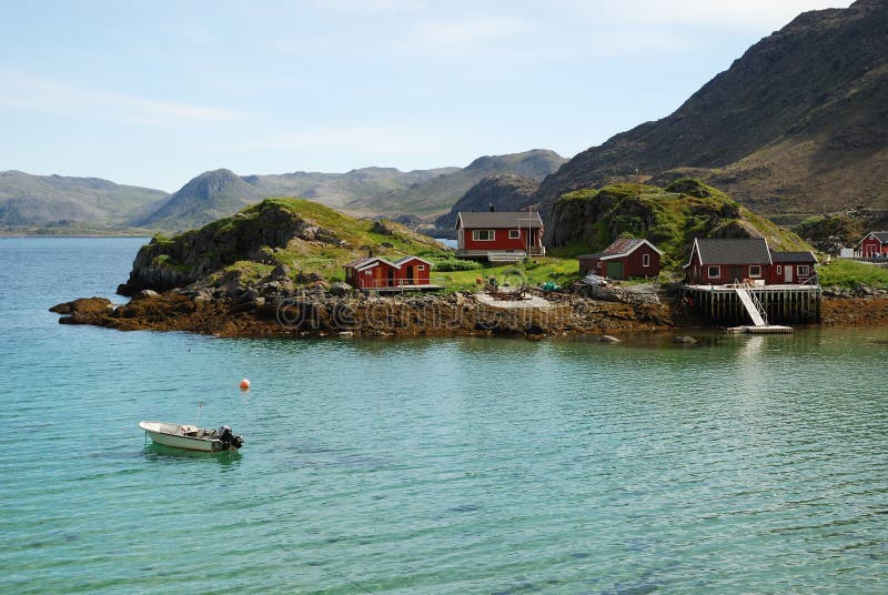 Island with fishing village in the middle of fjord stock photography Island with fishing village in the middle of fjord stock photography