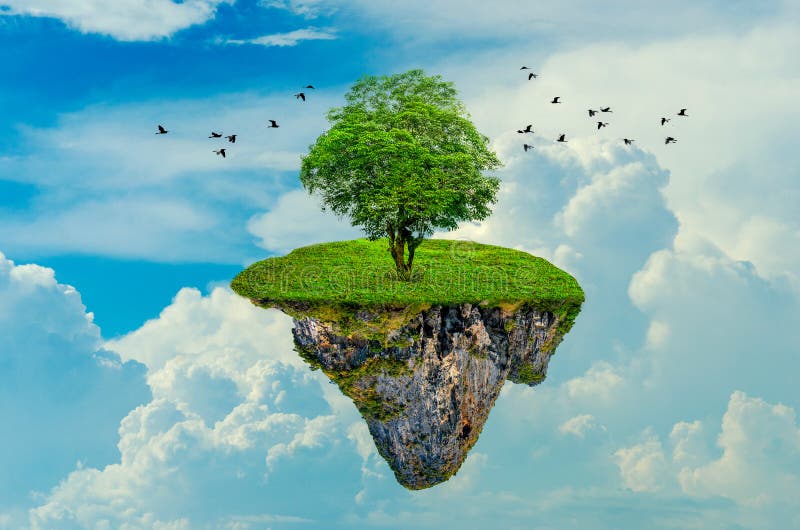 The island floats in the sky with 1 tree on the island. 3D