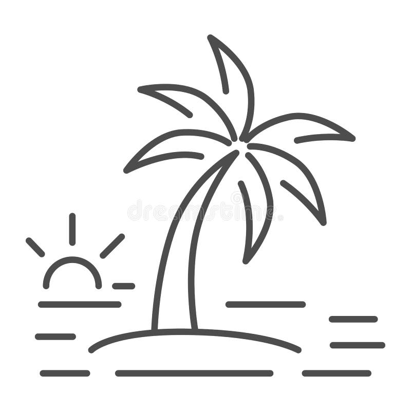 Island with a palm tree thin line icon, Summer concept, sunset sign on white background, Coconut palm tree on island