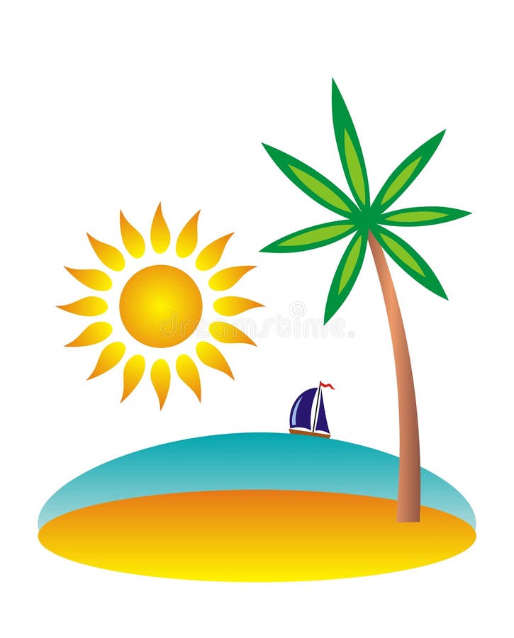 Island with a palm tree in the tropical sea. A cartoon drawing.