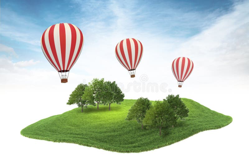 Island piece of land with forest and hot air balloons floating i royalty free stock image Island piece of land with forest and hot air balloons floating i royalty free stock image