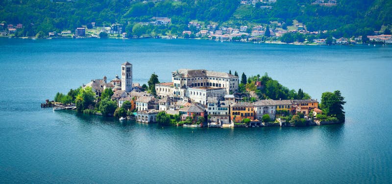 The island of San Giulio by the Italian lake - Lago d`Orta, Piemonte, Italy.