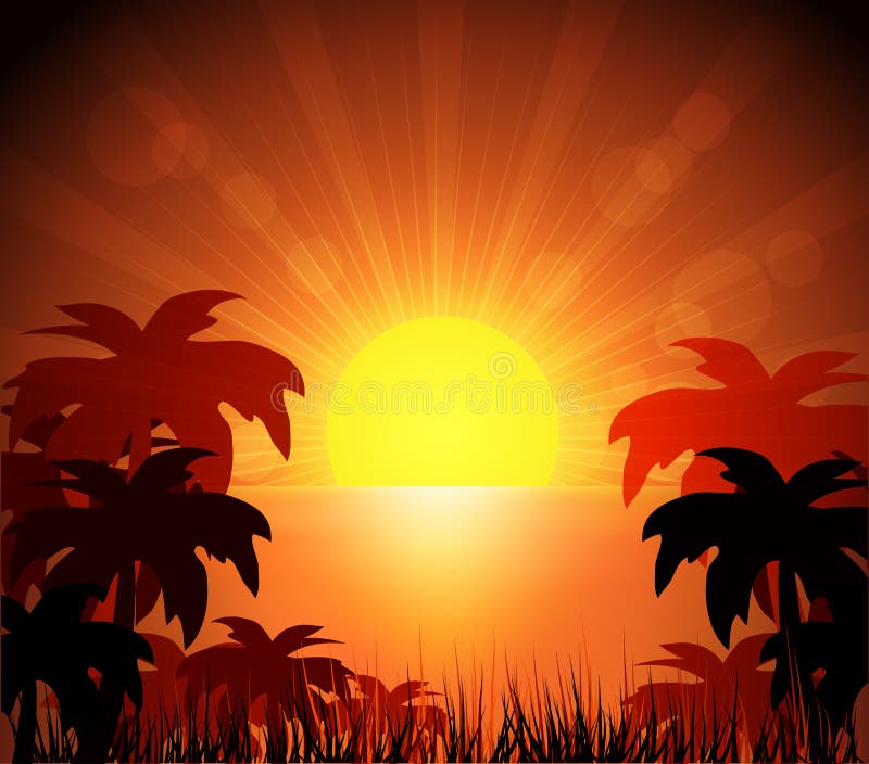 Island and sunrise, beautiful bright colors. Grass night sky background vectors