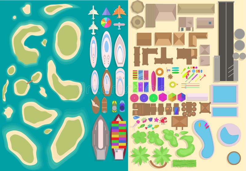 Island top view elements set. Cartoon vacation elements. Landscape top view. Vector illustration stock illustration Island top view elements set. Cartoon vacation elements. Landscape top view. Vector illustration stock illustration