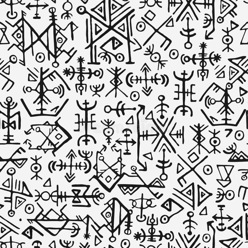 Islandic Futhark的扎线和北欧海盗标志无缝的样式 作为反复性照原稿宣读的护符的不可思议的手凹道标志 皇族释放例证
