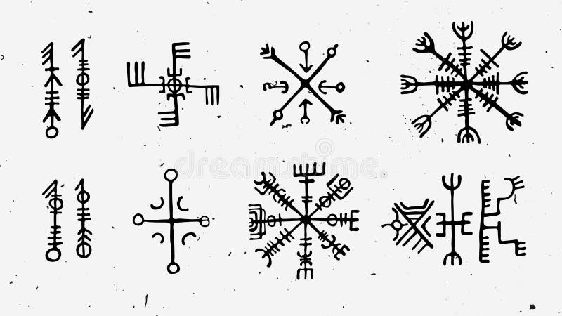 Islandic Futhark的扎线和被设置的北欧海盗诗歌 作为照原稿宣读的护符的不可思议的手凹道标志 传染媒介套古老诗歌 库存例证