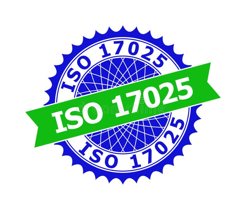 ISO 17025 Bicolor Clean Rosette Template for Stamp Seals. Vector ISO 17025 bicolor template for rubber imitations with clean surface. Flat clean seal stamp with ISO 17025 text inside round sharp rosette. Blue color elements.