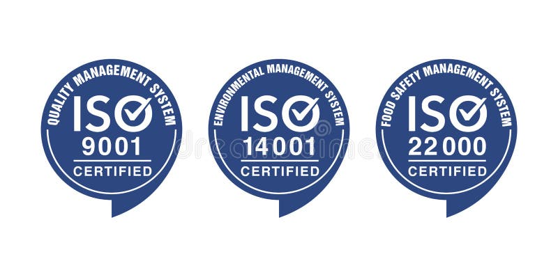 ISO 9001, 14001 and 22000 certified stamps stock illustration