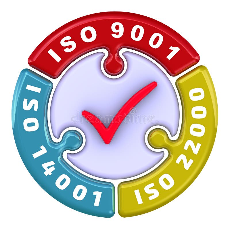 ISO 9001, ISO 14001, ISO 22000 Het vinkje in de vorm van een raadsel stock illustratie ISO 9001, ISO 14001, ISO 22000 Het vinkje in de vorm van een raadsel stock illustratie