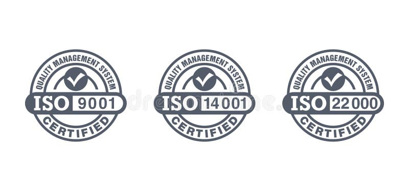 ISO 9001, 14001 and 22000 stamps collection vector illustration