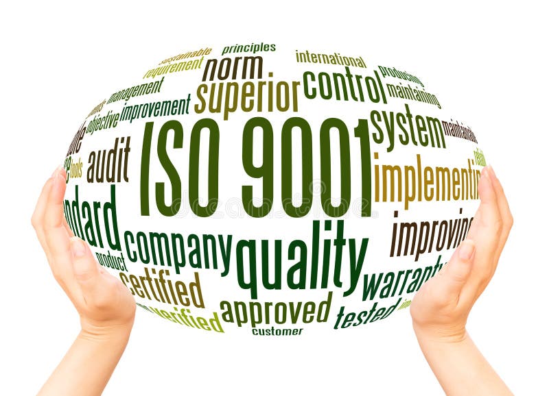 ISO 9001 word cloud hand sphere concept