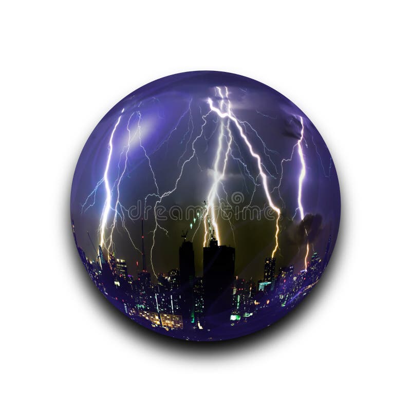Isolated abstract thunder storm lightning bolt in the glass ball on black background with clipping path