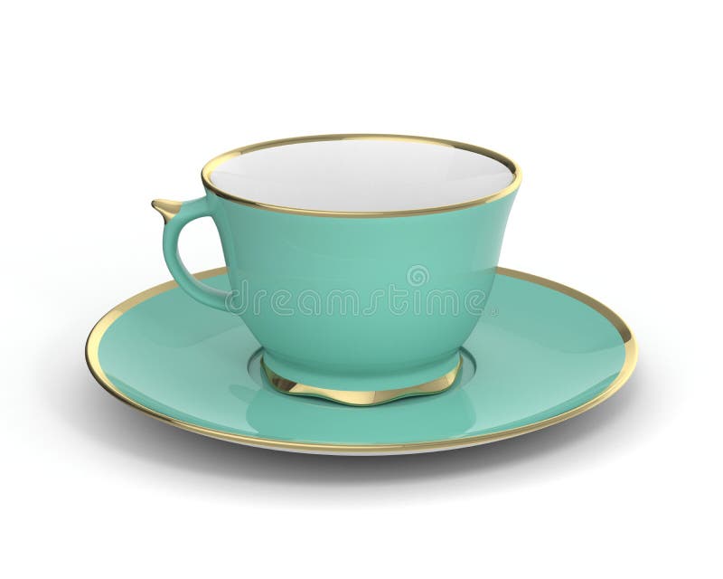 Isolated antique porcelain cup with gold on white background. 3D Illustration.