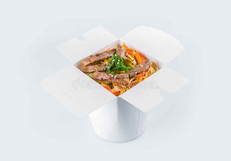 Beef Ramen Noodles in white carton takeaway delivery box. Isolated on background