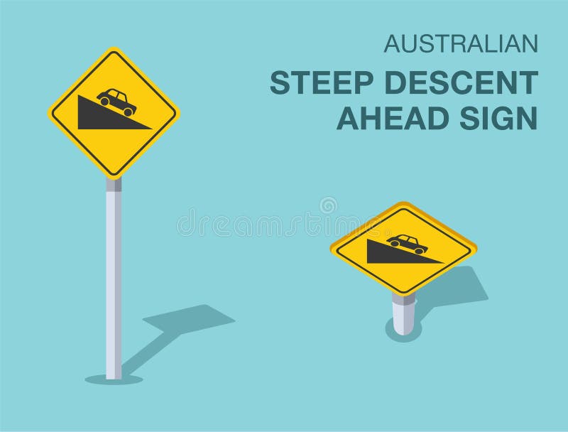 Isolated Australian \'steep descent ahead\' sign. Front and top view. stock illustration