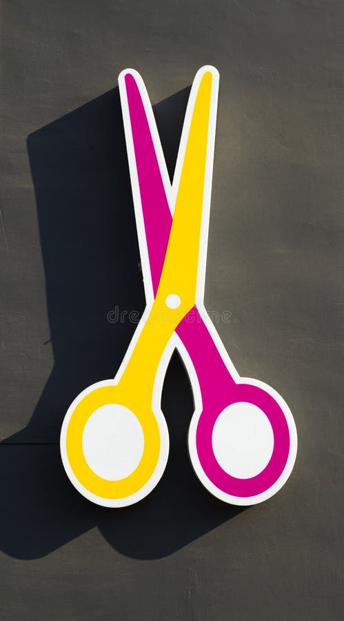 Isolated big colorful scissors sign hanging on the wall royalty free stock photos Isolated big colorful scissors sign hanging on the wall royalty free stock photos