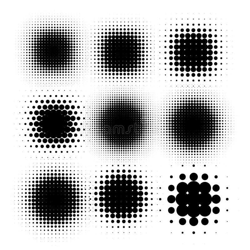 Isolated black color abstract round shape halftone dotted logo set, dots decorative elements collection vector royalty free illustration Isolated black color abstract round shape halftone dotted logo set, dots decorative elements collection vector royalty free illustration