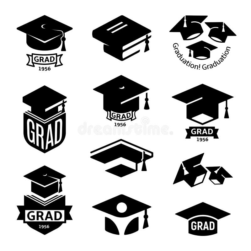En blanco y negro estudiantes un sombrero designación de la organización o institución, de libros colocar, universidad emblemas, educación elemento ilustraciones.
