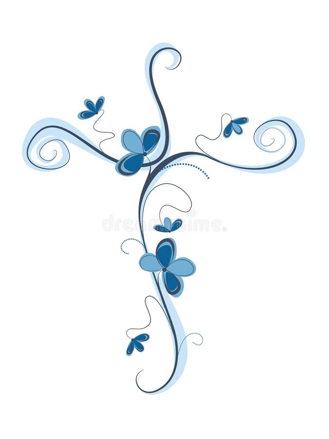 Vector illustration christian cross with blue flowers ornament. Religious sign. Vector illustration christian cross with blue flowers ornament. Religious sign